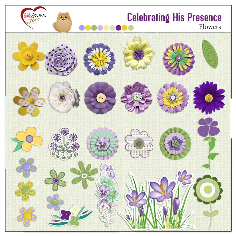 K&ouml;nnte beinhalten: Eine Sammlung von digitalen Clipart-Bildern mit lila, gr&uuml;nen und gelben Blumen. Die Bilder sind perfekt f&uuml;r Scrapbooking, Kartenherstellung und andere Bastelprojekte. "Celebrating His Presence" und "Flowers" stehen oben im Bild.