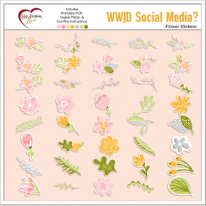 May include: A collection of digital flower stickers featuring various floral arrangements, individual blossoms, and leaves in shades of pink, yellow, and green. The image includes the text Bible Journal Love, WWJD Social Media?, and Flower Stickers.