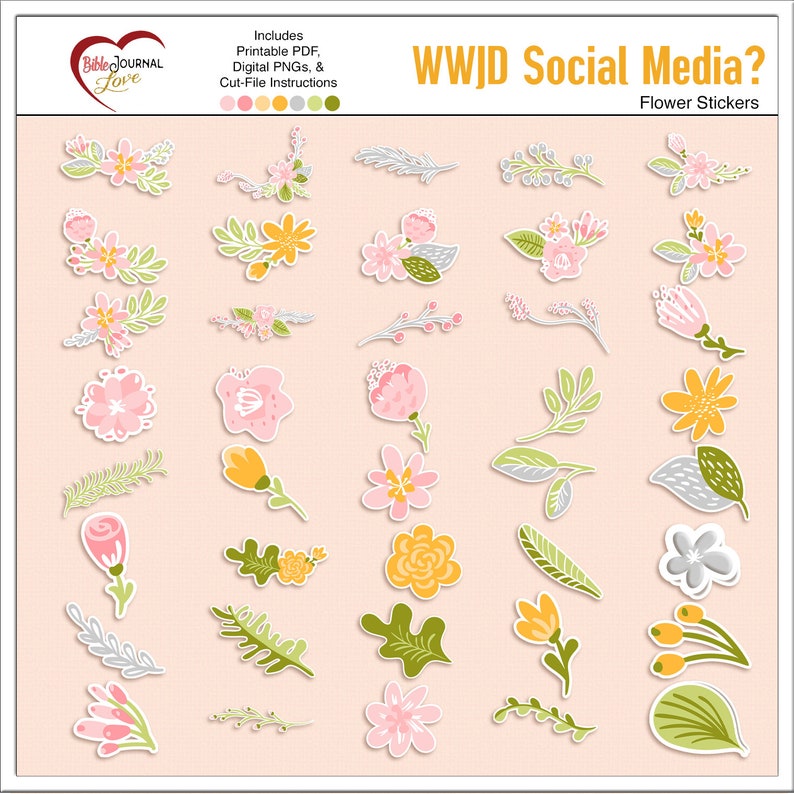 May include: A collection of digital flower stickers featuring various floral arrangements, individual blossoms, and leaves in shades of pink, yellow, and green. The image includes the text Bible Journal Love, WWJD Social Media?, and Flower Stickers.