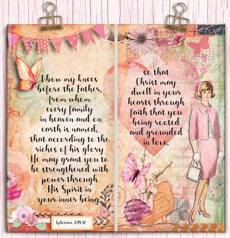 Everlasting Love Bible Journaling Kit Vintage Ladies, Mixed Media, Paint, Clusters, Travelers Notebook, Bible Verses in Pink Orange Peach image 5