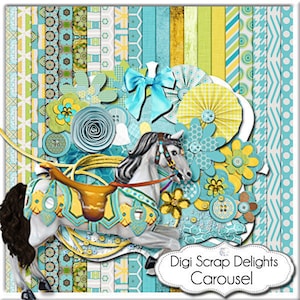 Kit de álbum de recortes digital carrossel em turquesa, dourado, verde para confecção de cartões, web design, artesanato, projetos de professores, download instantâneo