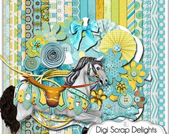 Carousel Digital Scrapbook Kit in Turquoise, Gold, Green for Card Making, Web Design, Crafts, Teacher Projects, Instant Download