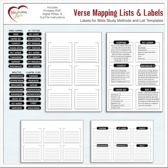 Verse Mapping Kit: Bible Study Lists and Labels (Printable and Digital PNGs, PDFs