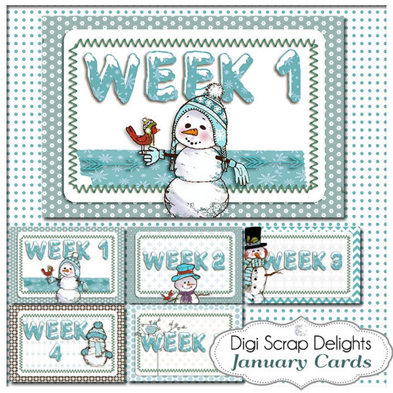 January Sky Blue Snowmen Pocket Cards 3x4 & 4x6 Week Cards Project Life Style Blue Green Printable Digital Scrapbooking image 2