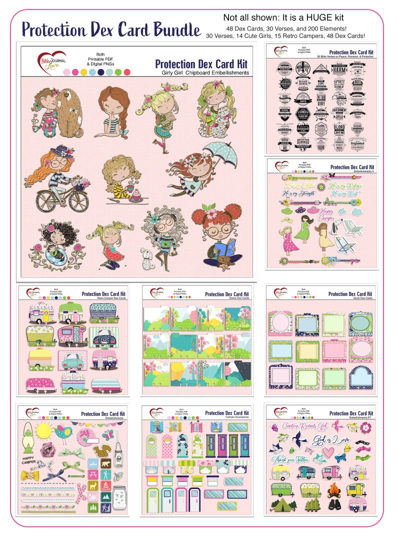 Puede incluir: Un kit de scrapbooking digital con un fondo rosa que presenta una variedad de im&aacute;genes, incluyendo chicas lindas, autocaravanas retro y citas inspiradoras. El kit incluye 48 tarjetas imprimibles, 30 versos y 200 elementos.
