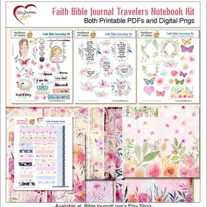May include: A digital printable kit for Bible journaling with floral and watercolor designs. The kit includes stickers, washi tape, and digital papers. The kit is available in both PDF and PNG formats.