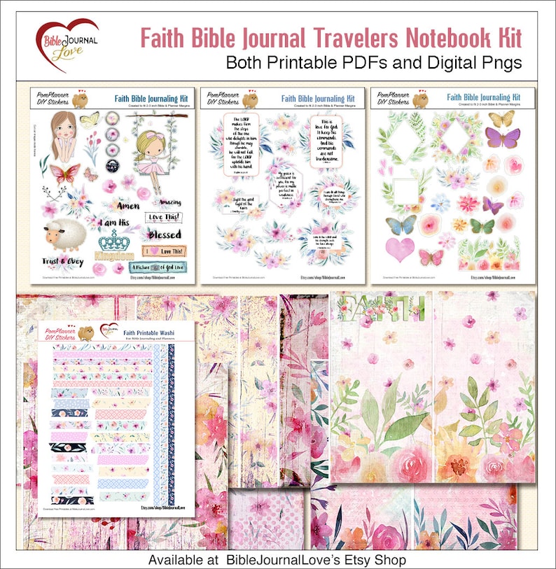 May include: A digital printable kit for Bible journaling with floral and watercolor designs. The kit includes stickers, washi tape, and digital papers. The kit is available in both PDF and PNG formats.