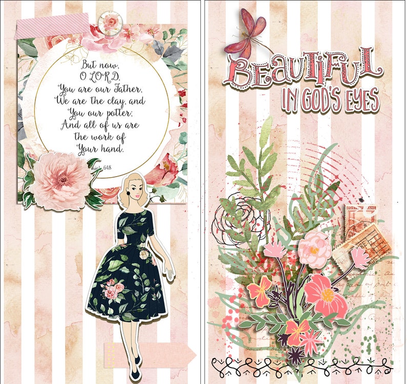 May include: A pink and white striped background with a floral design and a quote about God being our father and us being the clay. The quote is in a circle with a gold border. There is a woman in a black dress with a floral pattern on it. The woman is standing on a pink and white striped background. The text "But now, O LORD. You are our Father, We are the clay, and You our potter, And all of us are The work of Your hand. 648" is on the left side of the image. The text "BEAUTIFUL IN GOD'S EYES" is on the right side of the image.