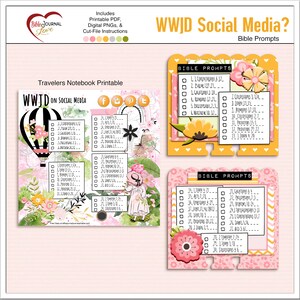 May include: A digital printable set titled WWJD Social Media Bible Prompts featuring a travelers notebook page with a hot air balloon, floral graphics, and a list of scripture references, alongside two decorative cards with additional Bible prompts.