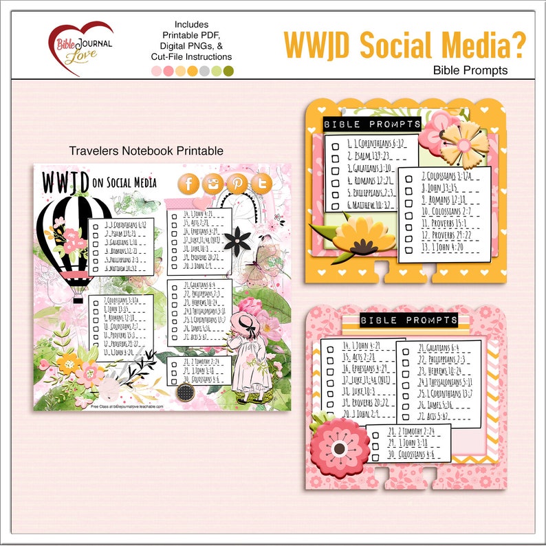 May include: A digital printable set titled WWJD Social Media Bible Prompts featuring a travelers notebook page with a hot air balloon, floral graphics, and a list of scripture references, alongside two decorative cards with additional Bible prompts.