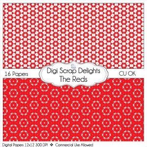 SALE 1.75 Reds Digital Papers for Scrapbooking Card Making, Photo Backgrounds birds, polka dots,and quatrefoil image 3