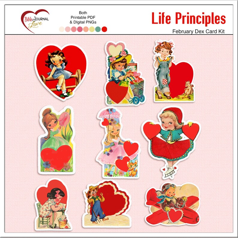 May include: Nine printable Valentine's Day cards featuring vintage illustrations of children with hearts. The cards are part of a February Dex Card Kit called "Life Principles".