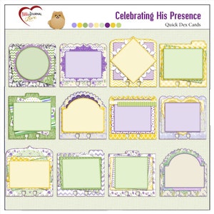 K&ouml;nnte beinhalten: Satz von 12 druckbaren digitalen Karten mit einem gelben, gr&uuml;nen und violetten Blumendesign. Die Karten sind mit "Celebrating His Presence" und "Quick Dex Cards" beschriftet.