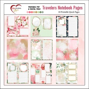 May include: 18 printable pages for a traveler's notebook. The pages feature a variety of designs, including floral patterns, watercolor backgrounds, and geometric shapes. The pages are perfect for journaling, sketching, or taking notes.