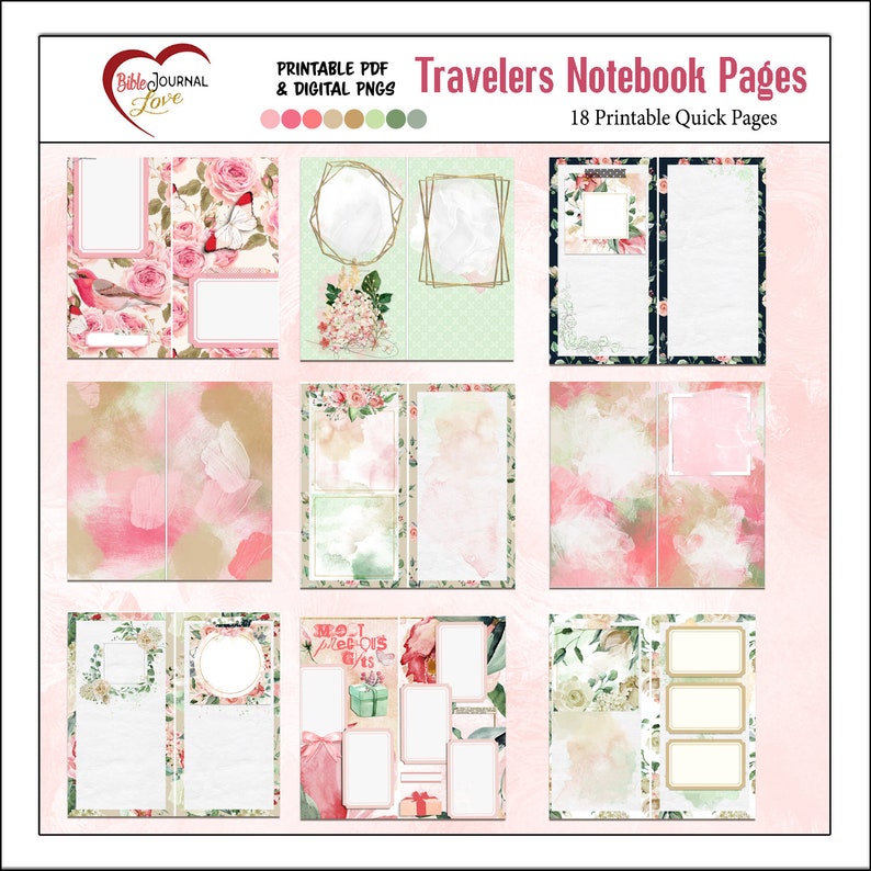 May include: 18 printable pages for a traveler's notebook. The pages feature a variety of designs, including floral patterns, watercolor backgrounds, and geometric shapes. The pages are perfect for journaling, sketching, or taking notes.