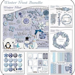 Winter Frost Digital Scrapbook Bundle Blue Papers & 100+  Elements for Snow Scrapbooking