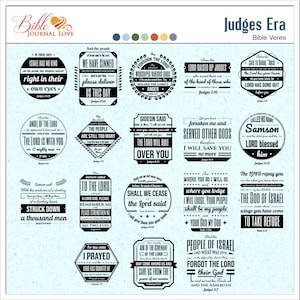 May include: Black and white graphic design with Bible verses from the book of Judges. The design features a variety of text styles and layouts, with each verse presented in a unique way. The verses are centered around the theme of faith, strength, and leadership.