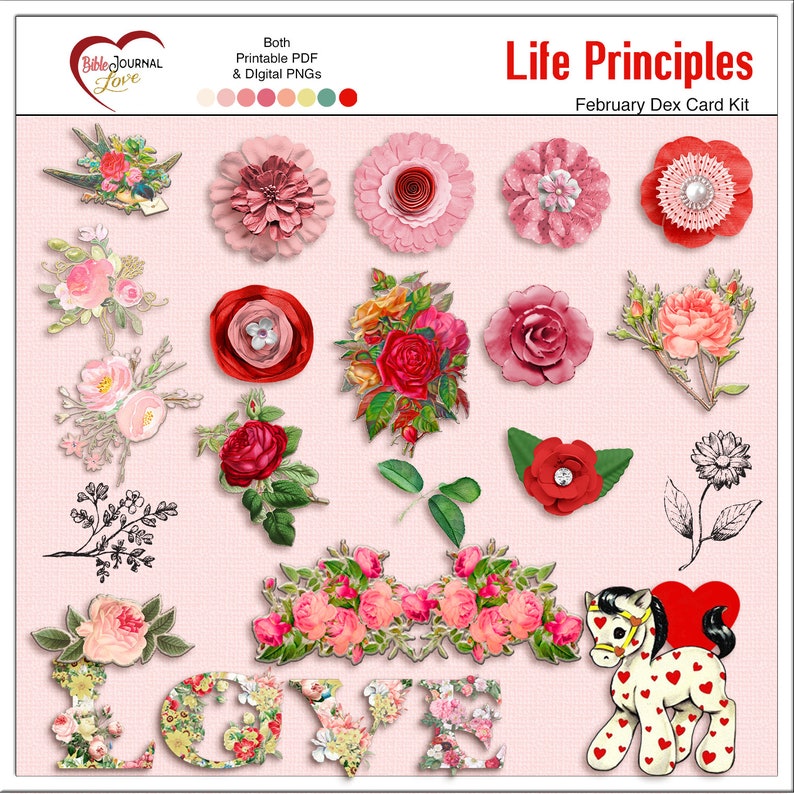 May include: A set of printable digital stickers featuring floral designs, a horse with hearts, and the word "LOVE" in floral letters. The stickers are perfect for adding a touch of romance to your planner, journal, or scrapbook.