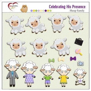 K&ouml;nnte beinhalten: Ein Set mit 10 digitalen Clipart-Bildern, die eine Schaf-Familie zeigen. Die Bilder beinhalten eine Schaf-Familie mit Vater, Mutter, zwei Kindern und vier L&auml;mmern. Die Bilder sind im Cartoon-Stil gehalten und eignen sich perfekt f&uuml;r die Verwendung in Scrapbooking, Kartenherstellung und anderen Bastelprojekten.