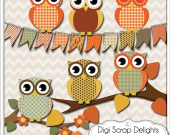 Fall Owls Clip Art  Thanksgiving Scrapbooking, Autumn  Colors Brown, Gold, Oranges, Instant Download