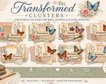 Transformed Biussterflly Clusters, Word Art Paper with a Bible study! Christian Junk Journal Ephemera (Digital & Printable Download)