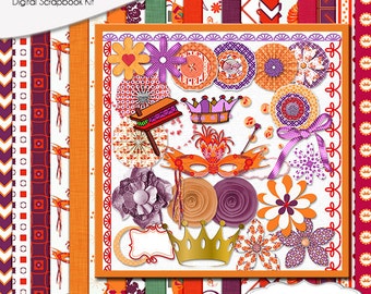 Purim  Digital Scrapbook Kit: Radiant Orchid, Orange, Purple, Red, Groger, Mask, Flowers, Clip Art