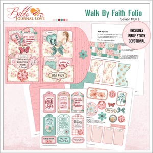 May include: A pink and floral Bible Journal Love "Walk By Faith Folio" with seven PDFs. The folio includes a Bible study devotional and features tags, pockets, and decorative elements with inspirational quotes and floral designs.