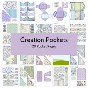 May include: A collection of 20 pocket pages with various designs, including floral patterns, stripes, and geometric shapes. The pages feature a color palette of blues, purples, greens, and whites. The text "Creation Pockets" and "20 Pocket Pages" is displayed on a lavender banner.