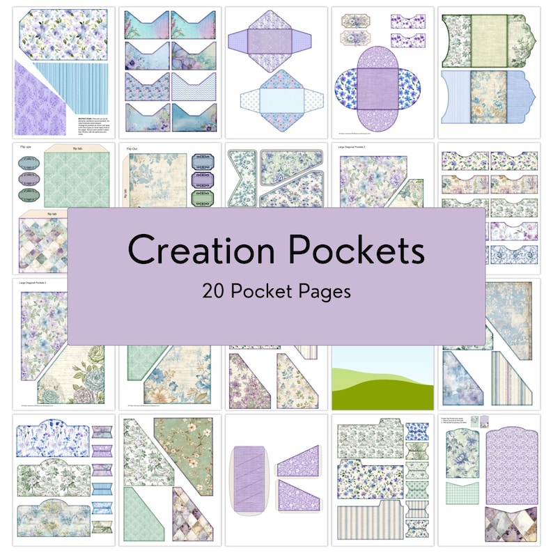May include: A collection of 20 pocket pages with various designs, including floral patterns, stripes, and geometric shapes. The pages feature a color palette of blues, purples, greens, and whites. The text "Creation Pockets" and "20 Pocket Pages" is displayed on a lavender banner.