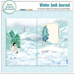 以下が含まれることがあります： 青と白の水彩画の背景を持つ冬のテーマのジャンクジャーナル。表紙には雪の中のペンギンと、青い花柄の金色のフレームが描かれています。表紙には「Winter Junk Journal」と「12 Double Pages 24 Treasure Journal Pages」の文字が印刷されています。