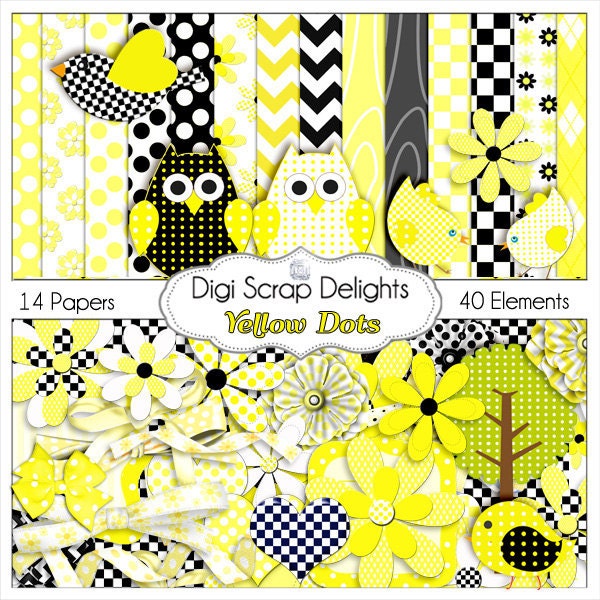 Yellow & Black Dots and Daisies Digital Scrapbook Kit Owls, Birds, Polka Dots, Quatrefoil, Chevron. Flowers, Ribbons