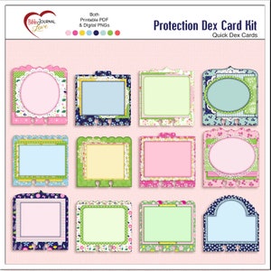 Puede incluir: Un conjunto de 12 plantillas de tarjetas de protecci&oacute;n dex imprimibles. Las tarjetas presentan una variedad de dise&ntilde;os florales y estampados en rosa, azul, verde y amarillo. El texto "Protection Dex Card Kit" y "Quick Dex Cards" est&aacute; en la parte superior de la imagen.