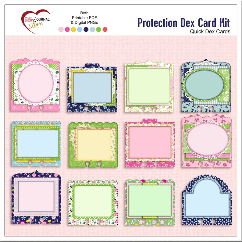 Puede incluir: Un conjunto de 12 plantillas de tarjetas de protecci&oacute;n dex imprimibles. Las tarjetas presentan una variedad de dise&ntilde;os florales y estampados en rosa, azul, verde y amarillo. El texto "Protection Dex Card Kit" y "Quick Dex Cards" est&aacute; en la parte superior de la imagen.