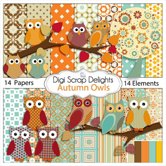 Autumn Owl Clip Art: Scrapbook Kit, Digital Papers (Instant Download)