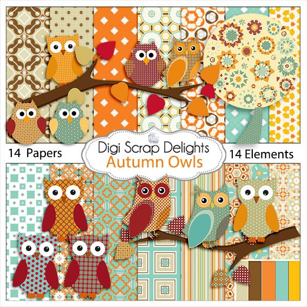 Autumn Owl Clip Art - Owls Scrapbook Kit,  Instant Download- Digital Papers for Party Invites, Cards, Orange, Brown, Blue, Red, Green