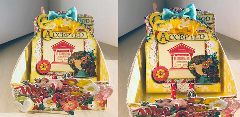 Peut inclure: Une bo&icirc;te en papier jaune et rouge avec un motif floral et les mots "Who I am in Christ" sur le devant. La bo&icirc;te a un couvercle jaune avec un toit rouge et les mots "Accepted" sur le devant. La bo&icirc;te est d&eacute;cor&eacute;e de fleurs, de rubans et d'autres embellissements.
