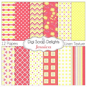 WYPRZEDAŻ 1,75 Jessica Coral Pink & Yellow Digital Papers: lniana faktura kwiatowa, Chevron, Quatrefoil, natychmiastowe pobranie