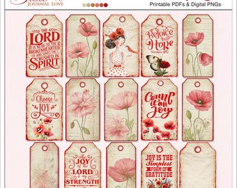 Joy Bible Journaling Tags, Red Poppy Scripture Tags, Printable Faith Ephemera, Christian Junk Journal PNGs, Gratitude Devotional Art