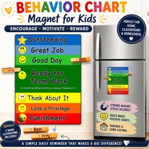 May include: A rectangular behavior chart magnet for kids featuring seven horizontal color-coded sections with smiley face icons and text labels ranging from Outstanding to Punishment, including two wooden clothespins labeled Ben and Cindy.