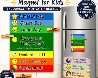 May include: A rectangular behavior chart magnet for kids featuring seven horizontal color-coded sections with smiley face icons and text labels ranging from Outstanding to Punishment, including two wooden clothespins labeled Ben and Cindy.