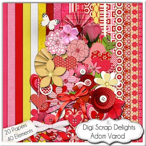 Adom Varod Digital Scrapbook Kit - 20 Papers & 40 Elements Red, Pink Floral Hearts Buttons Ribbons for DIY Scrapbooking Projects