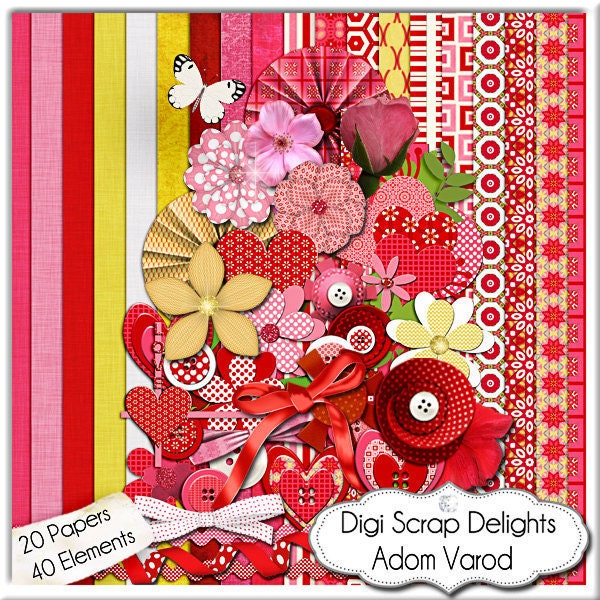 Floral Scrapbook Kit: Rote, Rosa Herzen & Bänder (Digitaler Download)