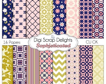 Scrapbook Paper: Sophisticated Papers in Navy, Pink & Gold w Chevron and Lattice Patterns, Instant Download