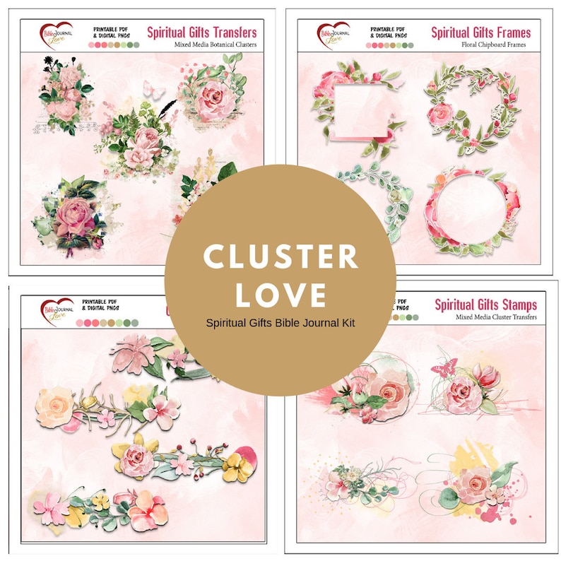 May include: A digital scrapbooking kit with a pink and green floral theme. The kit includes transfers, frames, stamps, and a Bible journal kit. The text "CLUSTER LOVE" is in the center of the image.