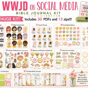 May include: A digital Bible journal kit titled WWJD on Social Media, featuring 30 PDFs and 13 zips. The kit includes various printable elements such as verse cards, character illustrations, social media icons, flower stickers, word art, labels, and journal mats.