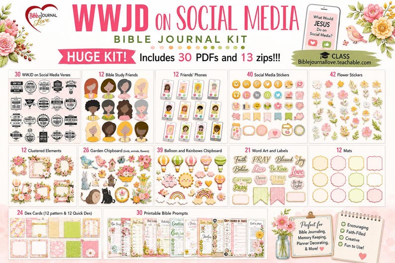 May include: A digital Bible journal kit titled WWJD on Social Media, featuring 30 PDFs and 13 zips. The kit includes various printable elements such as verse cards, character illustrations, social media icons, flower stickers, word art, labels, and journal mats.
