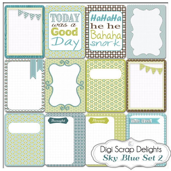 Sky Blue Set 2, 12 Bible Journal Cards Project Life Style Blue Green Pocket Cards, Printable Digital Scrapbooking