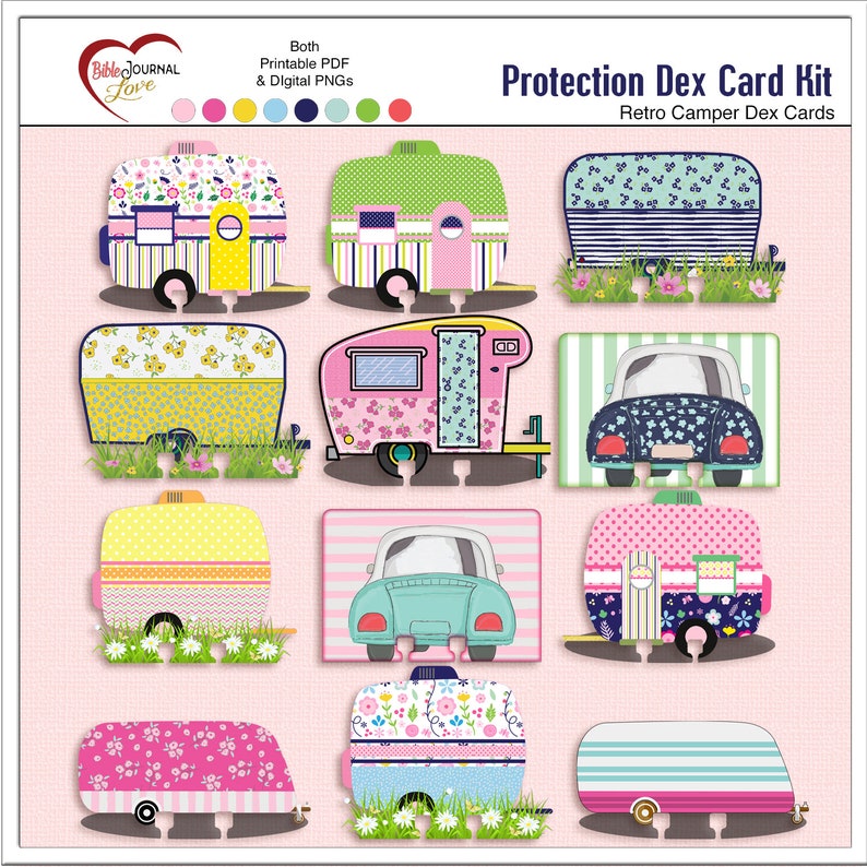 Puede incluir: Un conjunto de 10 im&aacute;genes de autocaravanas y coches retro imprimibles para usar con un kit de tarjetas de protecci&oacute;n dex. Las im&aacute;genes presentan una variedad de colores y patrones, incluyendo rosa, azul, verde, amarillo y blanco. Las im&aacute;genes son perfectas para a&ntilde;adir un toque de encanto vintage a tus proyectos de manualidades.