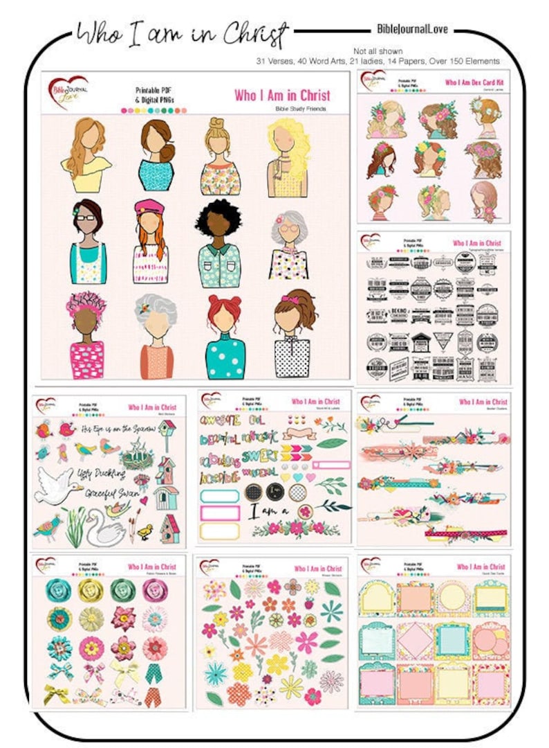 Peut inclure: Un ensemble d'autocollants num&eacute;riques imprimables pour la journalisation biblique. Les autocollants pr&eacute;sentent des illustrations color&eacute;es de femmes, de fleurs, d'oiseaux et de texte. Le texte comprend des phrases comme "Qui je suis en Christ", "Dieu formidable", "Beau d&eacute;sordre", "Je suis un", et "Vilain petit canard, Cygne gracieux".