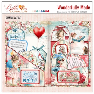 以下が含まれることがあります： 様々な装飾要素を備えた、聖書ジャーナルキットのサンプルレイアウト。デザインには、タグ、女の子、鳥、花のイラスト、赤いハート型の風船が含まれています。「Fearfully and Wonderfully Made」と聖書の詩が含まれています。